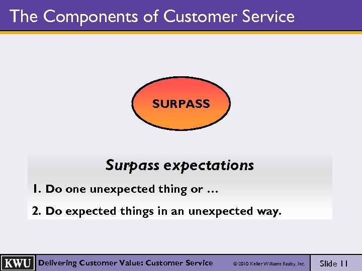 The Components of Customer Service SURPASS Surpass expectations 1. Do one unexpected thing or