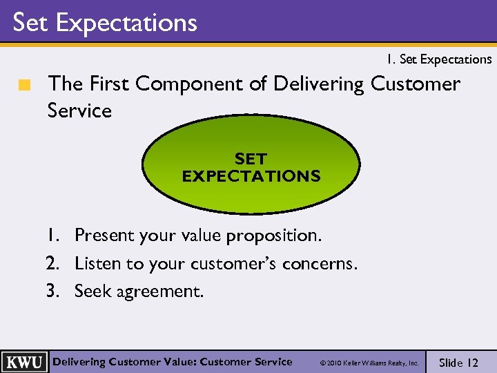 Set Expectations 1. Set Expectations The First Component of Delivering Customer Service SET EXPECTATIONS