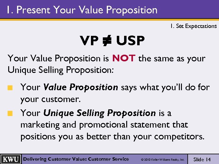 1. Present Your Value Proposition 1. Set Expectations VP ≠ USP Your Value Proposition