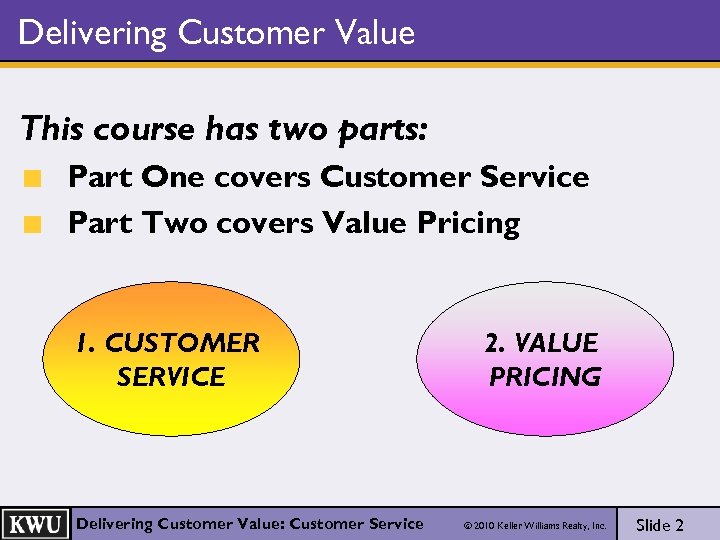 Delivering Customer Value This course has two parts: Part One covers Customer Service Part