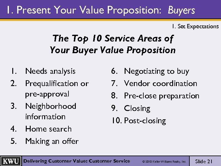 1. Present Your Value Proposition: Buyers 1. Set Expectations The Top 10 Service Areas