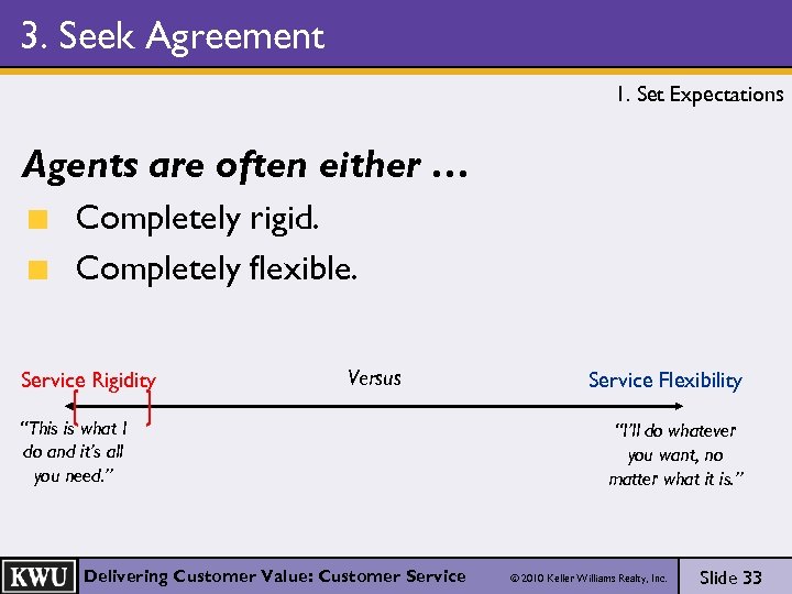 3. Seek Agreement 1. Set Expectations Agents are often either … Completely rigid. Completely