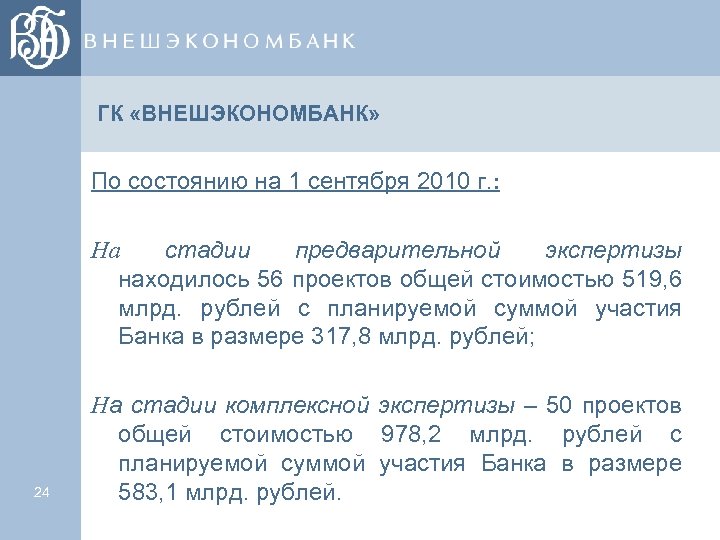 ГК «ВНЕШЭКОНОМБАНК» По состоянию на 1 сентября 2010 г. : На стадии предварительной экспертизы