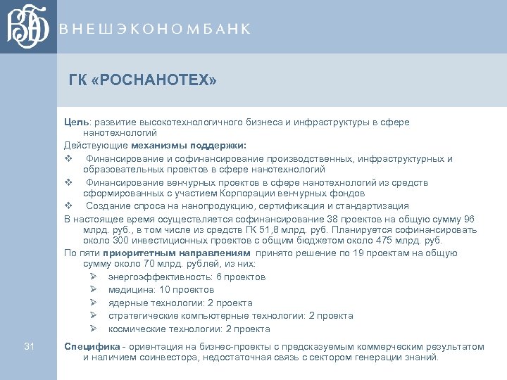 ГК «РОСНАНОТЕХ» Цель: развитие высокотехнологичного бизнеса и инфраструктуры в сфере нанотехнологий Действующие механизмы поддержки: