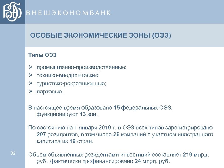 ОСОБЫЕ ЭКОНОМИЧЕСКИЕ ЗОНЫ (ОЭЗ) Типы ОЭЗ Ø Ø промышленно-производственные; технико-внедренческие; туристско-рекреационные; портовые. В настоящее