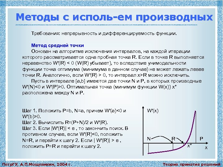 Методы с исполь-ем производных Требования: непрерывность и дифференцируемость функции. Метод средней точки Основан на