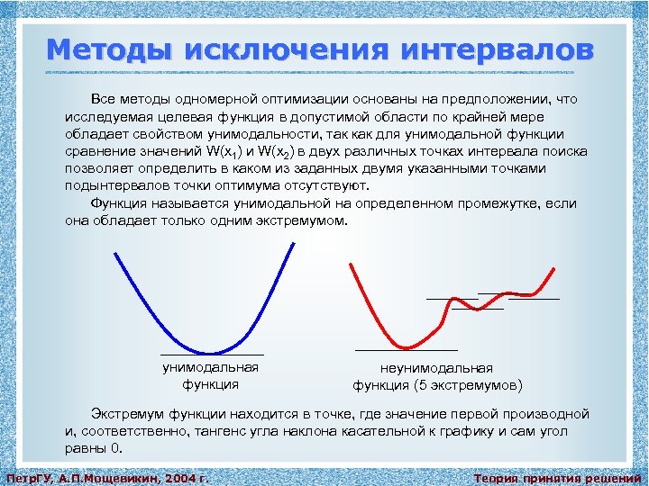 Методы исключения интервалов Все методы одномерной оптимизации основаны на предположении, что исследуемая целевая функция