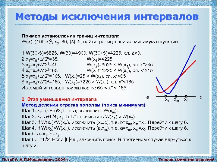 Методы исключения интервалов Пример установления границ интервала W(x)=(100 -x)2, x 0=30, | |=5, найти
