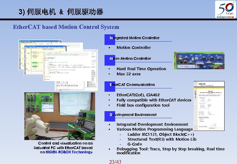 3) 伺服电机 & 伺服驱动器 Ether. CAT based Motion Control System Integrated Motion Controller •