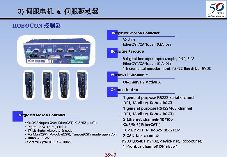 3) 伺服电机 & 伺服驱动器 ROBOCON 控制器 Integrated Motion Controller § § 32 Axis Ether.