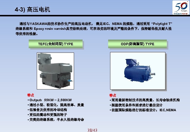 4 -3) 高压电机 通过与YASKAWA的技术协作生产的高压电动机， 满足IEC、NEMA 的规格，通过采用 “Polytight T” 绝缘系统和 Epoxy resin varnish真空涂料处理，可在恶劣的环境及严酷的条件下，保持耐热性及耐久性 等优秀的性能。 TEFC(全封闭型)