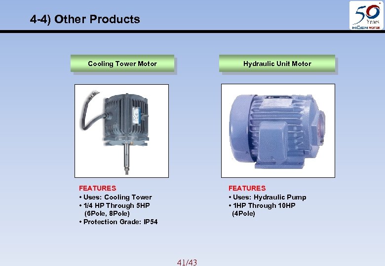 4 -4) Other Products Cooling Tower Motor Hydraulic Unit Motor FEATURES • Uses: Cooling