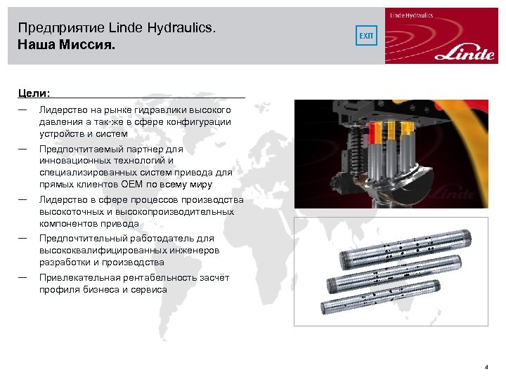 Предприятие Linde Hydraulics. Наша Миссия. EXIT Цели: — Лидерство на рынке гидравлики высокого давления