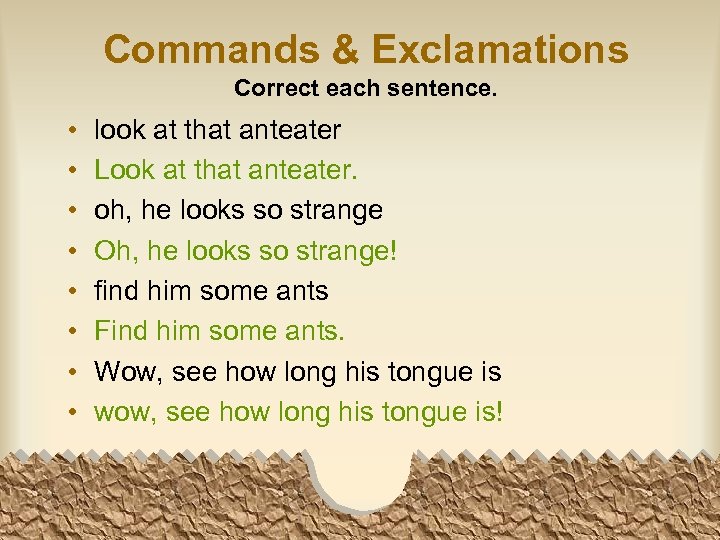 Commands & Exclamations Correct each sentence. • • look at that anteater Look at