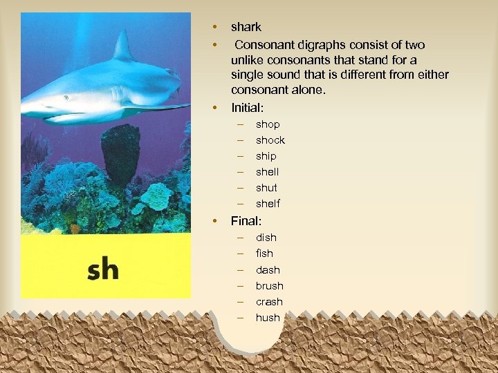  • • • shark Consonant digraphs consist of two unlike consonants that stand