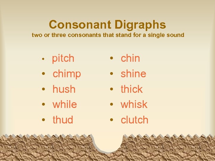 Consonant Digraphs two or three consonants that stand for a single sound • •