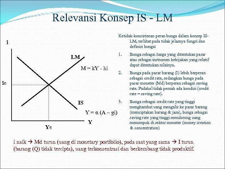 Relevansi Konsep IS - LM Ketidak-konsistenan peran bunga dalam konsep ISLM, terlihat pada tidak