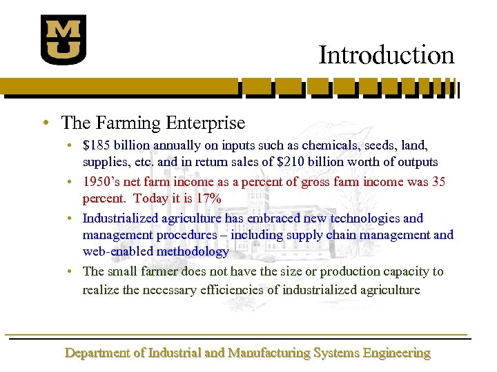 Introduction • The Farming Enterprise • $185 billion annually on inputs such as chemicals,