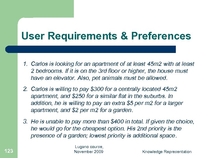 User Requirements & Preferences 1. Carlos is looking for an apartment of at least