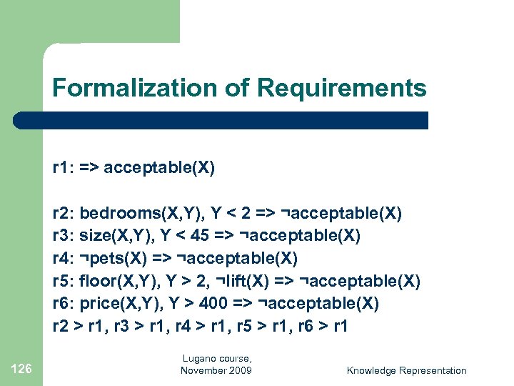 Formalization of Requirements r 1: => acceptable(X) r 2: bedrooms(X, Y), Y < 2