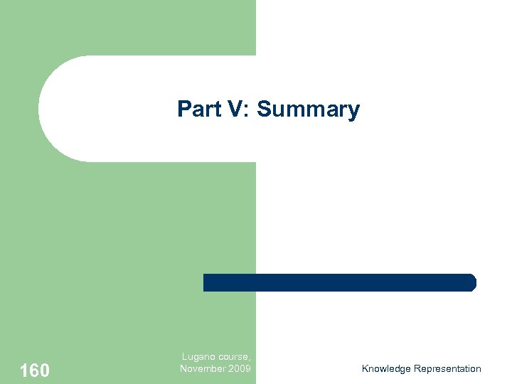 Part V: Summary 160 Lugano course, November 2009 Knowledge Representation 