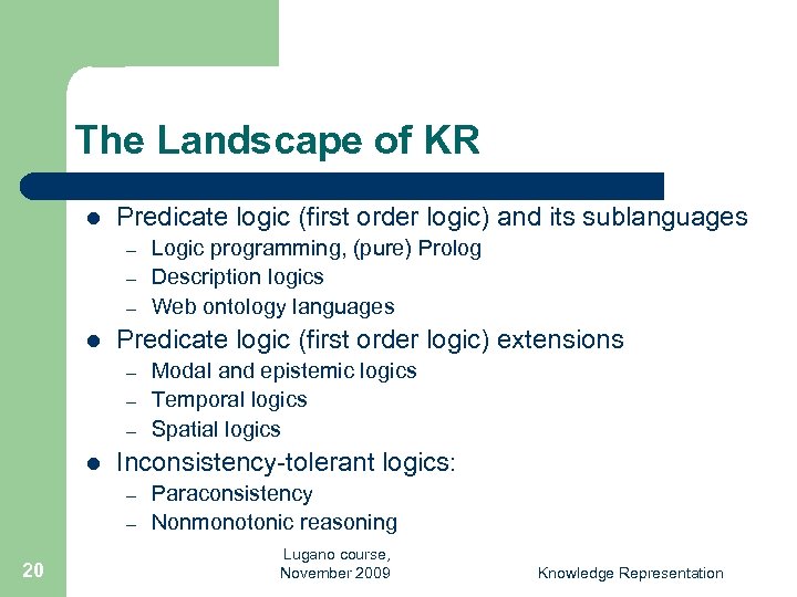 The Landscape of KR l Predicate logic (first order logic) and its sublanguages –