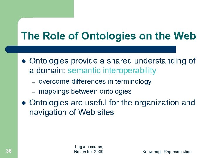 The Role of Ontologies on the Web l Ontologies provide a shared understanding of