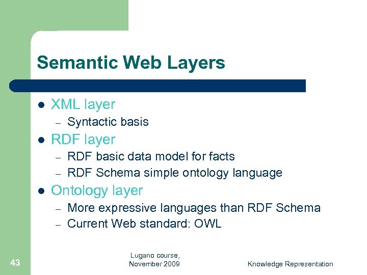 Semantic Web Layers l XML layer – l RDF layer – – l RDF