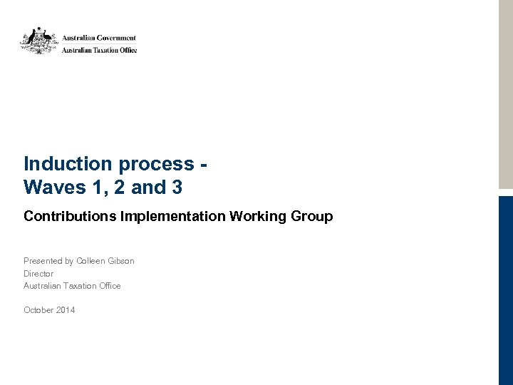 Induction process Waves 1, 2 and 3 Contributions Implementation Working Group Presented by Colleen