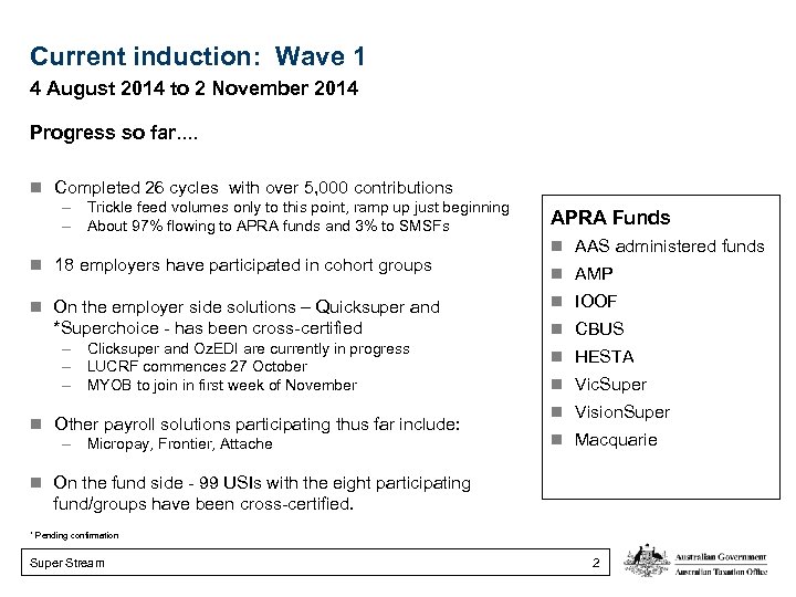 Current induction: Wave 1 4 August 2014 to 2 November 2014 Progress so far.