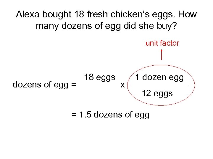 Alexa bought 18 fresh chicken’s eggs. How many dozens of egg did she buy?