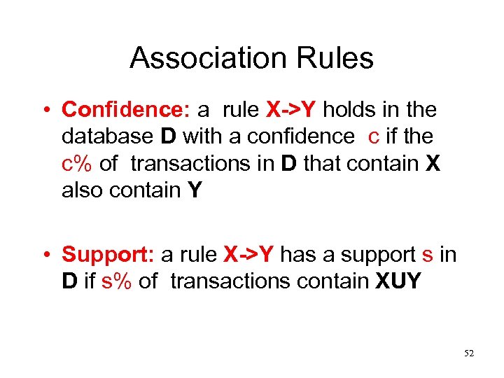 Association Rules • Confidence: a rule X->Y holds in the database D with a