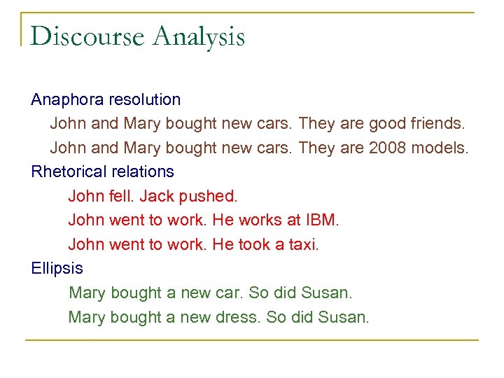 Discourse Analysis Anaphora resolution John and Mary bought new cars. They are good friends.