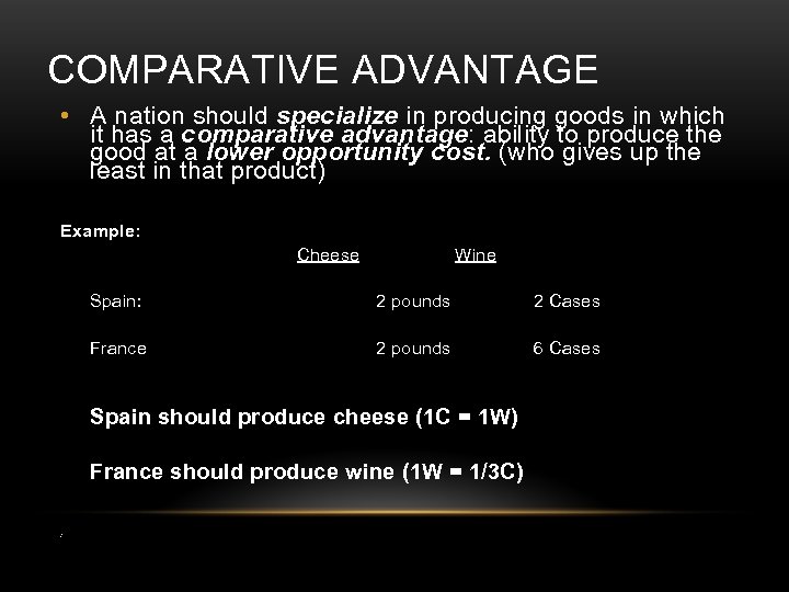 COMPARATIVE ADVANTAGE • A nation should specialize in producing goods in which it has