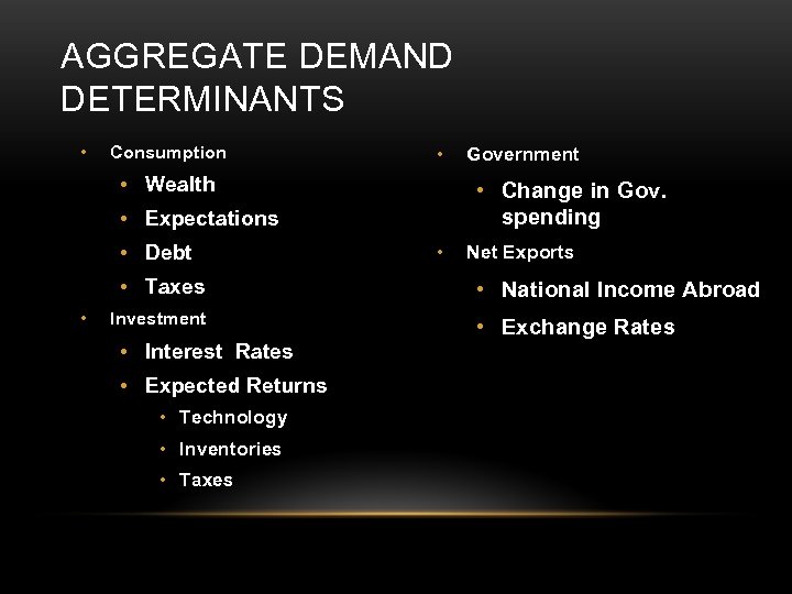 AGGREGATE DEMAND DETERMINANTS • Consumption • • Wealth • Change in Gov. spending •