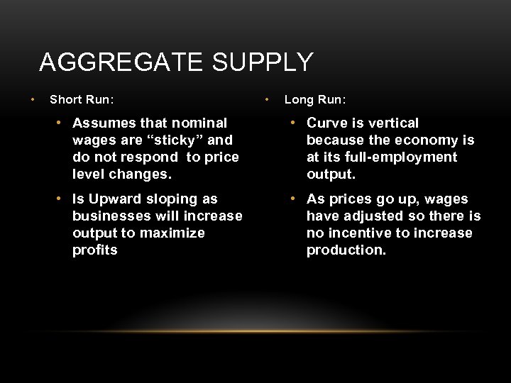 AGGREGATE SUPPLY • Short Run: • Long Run: • Assumes that nominal wages are