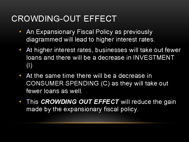 CROWDING-OUT EFFECT • An Expansionary Fiscal Policy as previously diagrammed will lead to higher