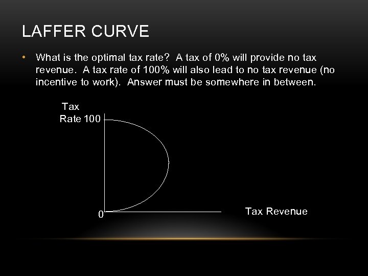 LAFFER CURVE • What is the optimal tax rate? A tax of 0% will