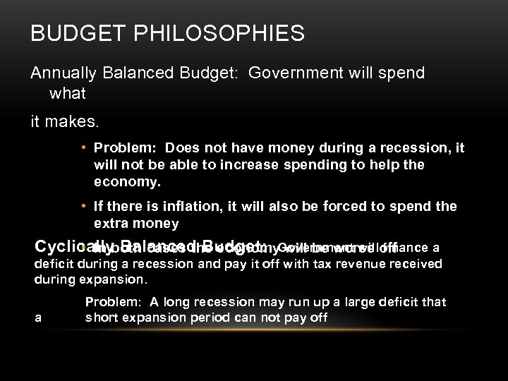 BUDGET PHILOSOPHIES Annually Balanced Budget: Government will spend what it makes. • Problem: Does