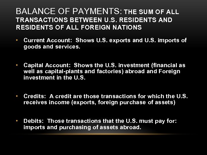 BALANCE OF PAYMENTS: THE SUM OF ALL TRANSACTIONS BETWEEN U. S. RESIDENTS AND RESIDENTS