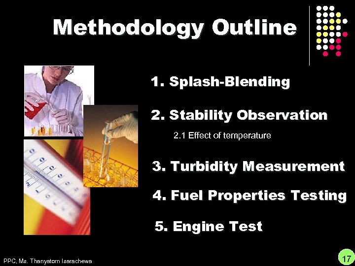 Methodology Outline 1. Splash-Blending 2. Stability Observation 2. 1 Effect of temperature 3. Turbidity