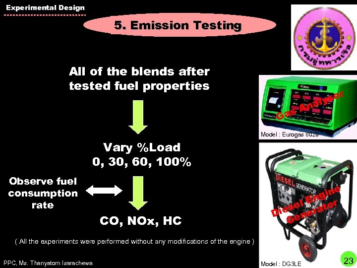 Experimental Design 5. Emission Testing All of the blends after tested fuel properties r