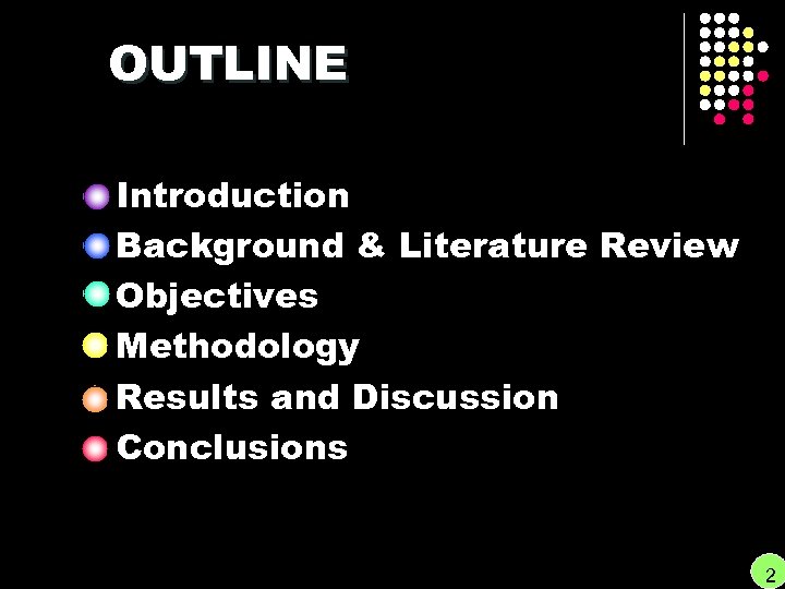 OUTLINE Introduction Background & Literature Review Objectives Methodology Results and Discussion Conclusions 2 