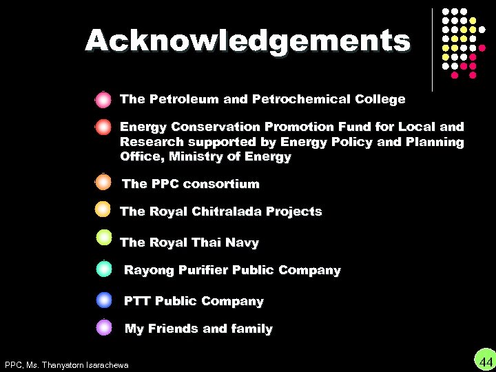 Acknowledgements The Petroleum and Petrochemical College Energy Conservation Promotion Fund for Local and Research