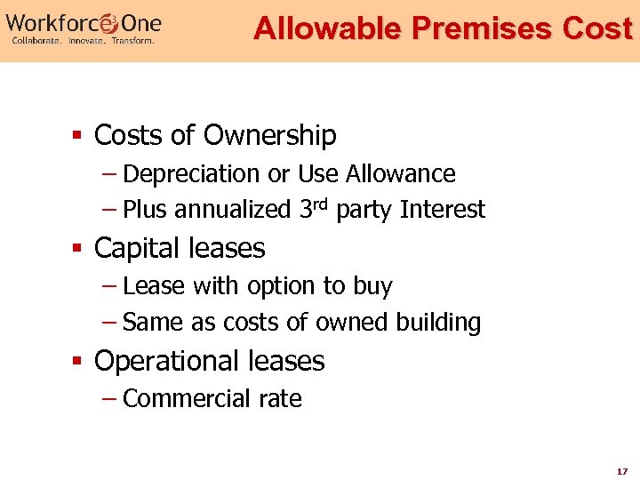 Allowable Premises Cost § Costs of Ownership – Depreciation or Use Allowance – Plus