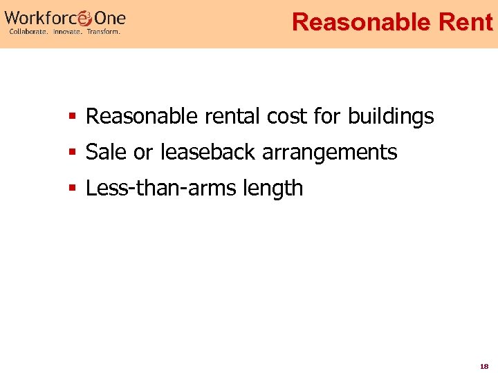 Reasonable Rent § Reasonable rental cost for buildings § Sale or leaseback arrangements §