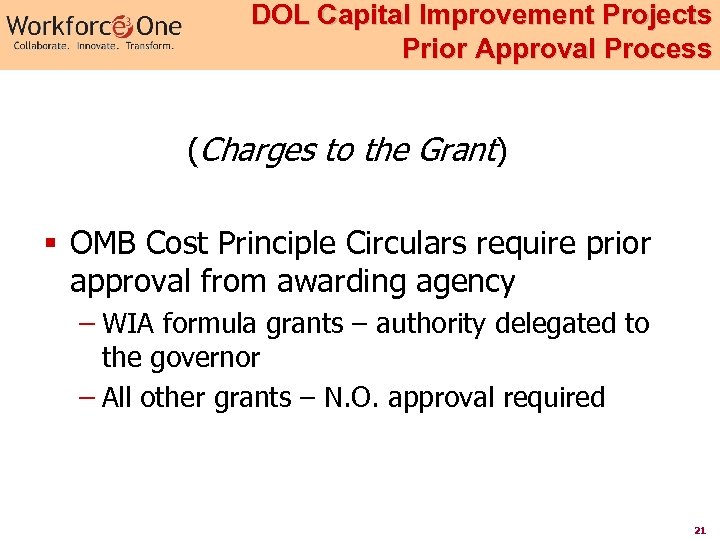 DOL Capital Improvement Projects Prior Approval Process (Charges to the Grant) § OMB Cost