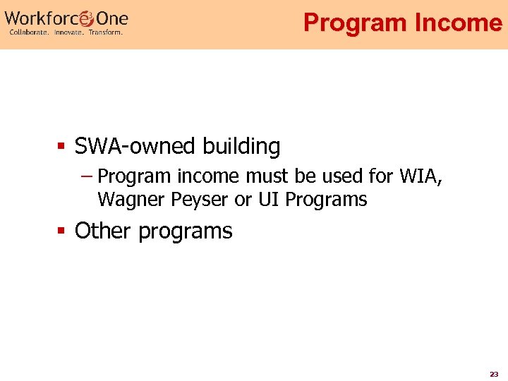 Program Income § SWA-owned building – Program income must be used for WIA, Wagner