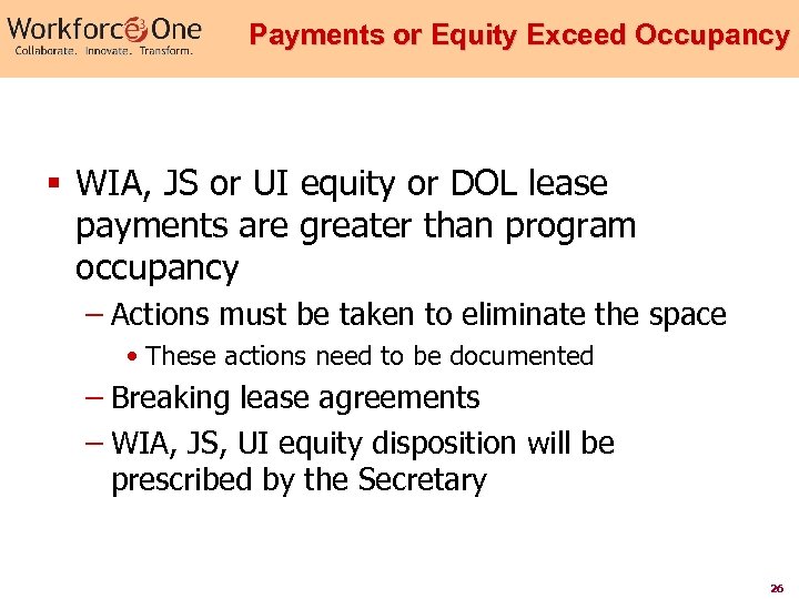 Payments or Equity Exceed Occupancy § WIA, JS or UI equity or DOL lease