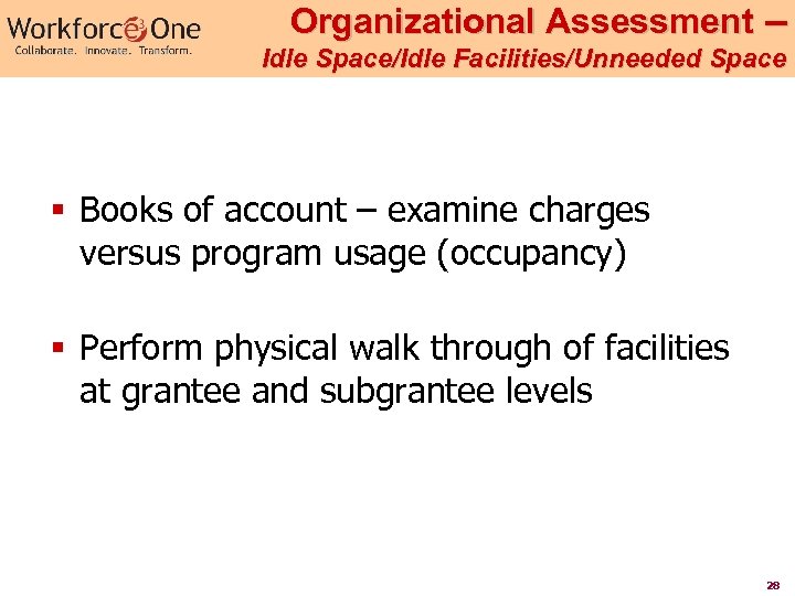 Organizational Assessment – Idle Space/Idle Facilities/Unneeded Space § Books of account – examine charges